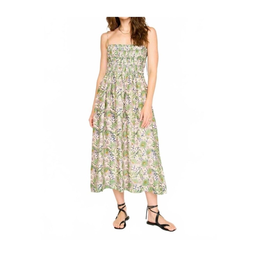 MIRTH Puglia Dress Lavender Bloom Smocked Midi Floral Green Cotton Size Small